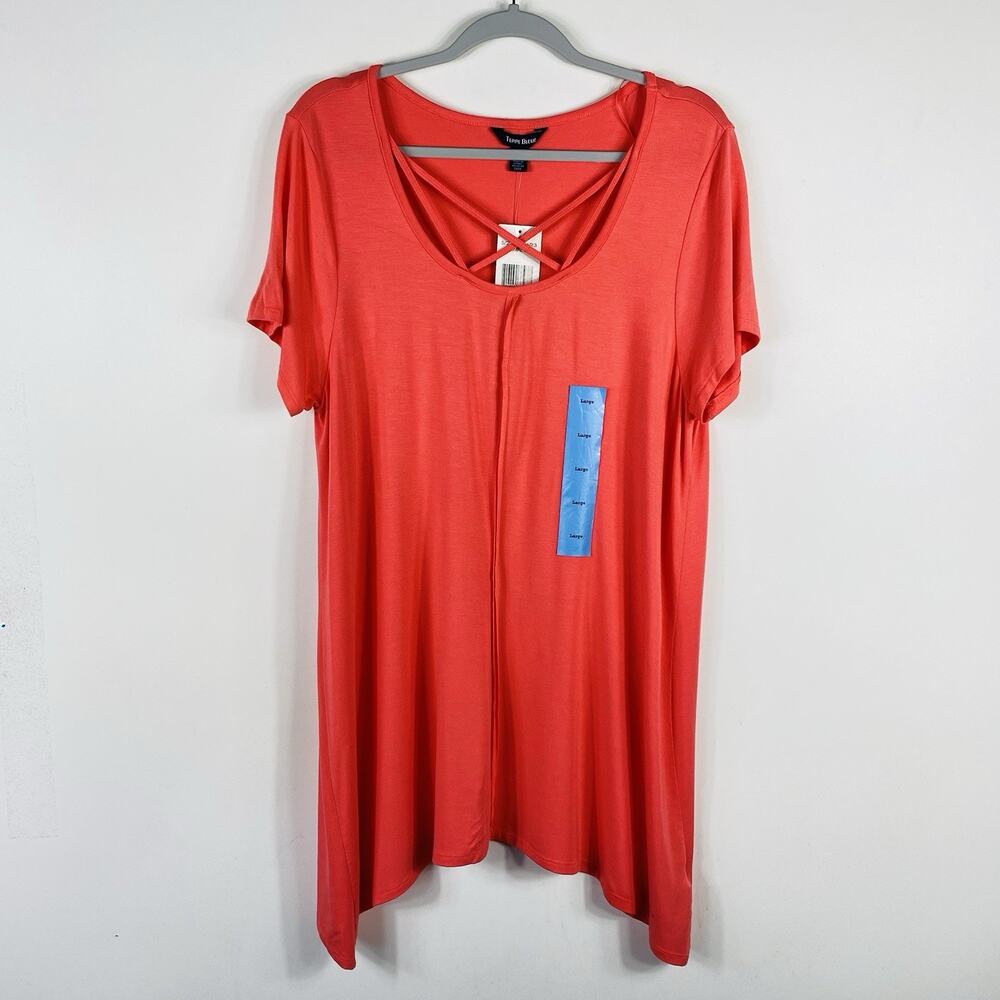 Terre Bleue Top Large Criss Cross Short Sleeve Sharkbite Hem Tunic Coral Pink
